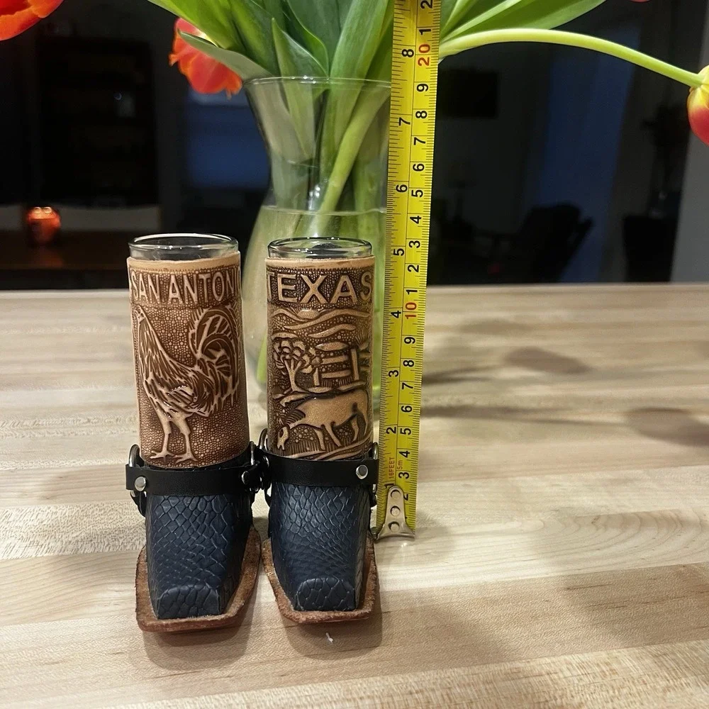 Unique Leather Boot Shot Glasses, Set Of 2, San‎ Antonio, Texas - Made In Mexico
